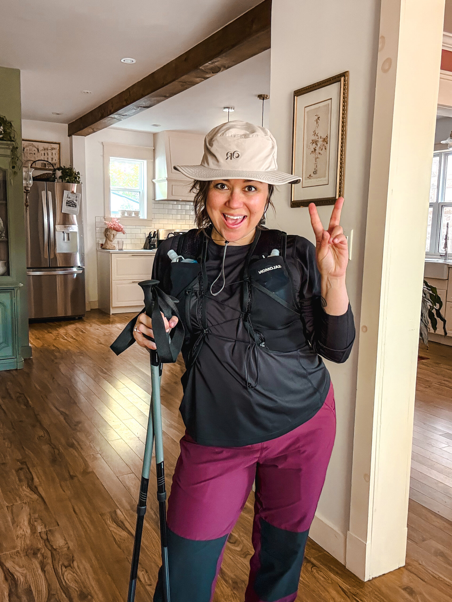 Melissa Doucet geared up with Salomon vest and trekking poles before starting the Dobson Trail in a Day challenge